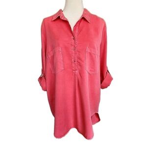 Oversized Pullover Tunic XL Pink Roll Tab Sleeve Hi Low Hem Boho Lagenlook Artsy